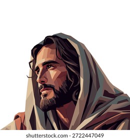 Polygonale geometrische Vektorgrafik von Jesus Christus Porträt in einem modernen Low-Poly-Stil auf weißem Hintergrund. für religiöse Gestaltung, christliche Publikationen, spirituelle Inhalte, Poster 