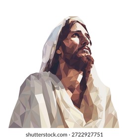 Polygonale geometrische Vektorgrafik von Jesus Christus, die mit einem ruhigen und hoffnungsvollen Ausdruck nach oben schaut. Low-Poly-Stil, flache Farbformen auf weißem Hintergrund für religiöses und spirituelles Design