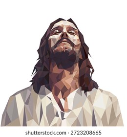 Polygonale geometrische Vektorgrafik von Jesus Christus, der betet und nach oben blickt. Low-Poly-Stil mit flachen Farbformen auf weißem Hintergrund, der Glaube, Hoffnung und spirituelle Hingabe vermittelt