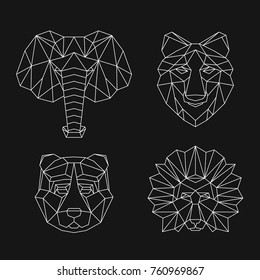Lobo geométrico poligonal, elefante, oso, león. animales aislados lineales Abstractas. Ilustración vectorial.