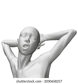 Polygonal girl model and hands behind her head  closed eyes   open mouth  3D  Vector illustration 