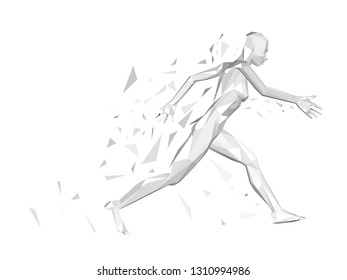 Polygonal girl runs scattering into pieces. 3D. Vector illustration.