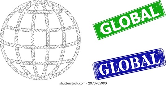 Polygonal global image, and Global blue and green rectangle unclean seals. Mesh carcass image created from global icon. Stamp seals have Global title inside rectangle shape.