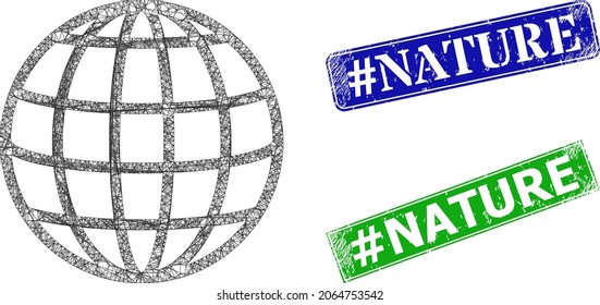 Polygonal global model, and hashtag Nature blue and green rectangle rubber watermarks. Polygonal carcass symbol designed with global icon. Seals include hashtag Nature caption inside rectangle shape.