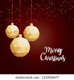 Polygonal gold Christmas balls on dark red background greeting card