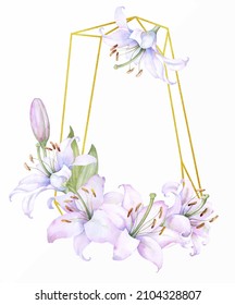 Polygonal gold crystal frame with white and pink lily flowers, watercolor illustration