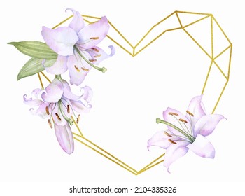 Marco de cristal de oro poligonal con flores de lirio blanco y rosa, ilustración acuarela