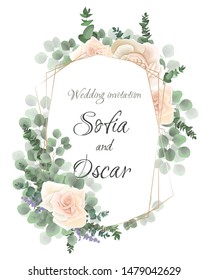 Polygonal gold frame, beige roses, eucalyptus plants with green leaves. All elements are isolated.