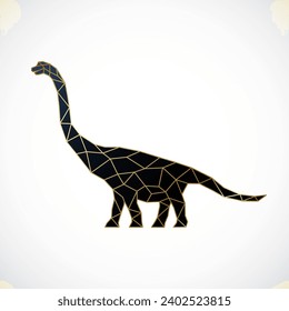 Polygonal golden Brachiosaurus emblem. Magical Dinosaur going forward. Side view. Vector illustration.