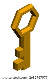 Polygonaler goldener Schlüssel mit geometrischen Facetten und sauberen Kanten, einzeln auf rein weißem Hintergrund.