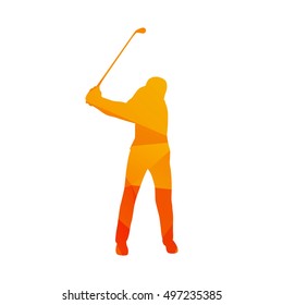 Polygonal golf player, abstract orange isolated vector golfer silhouette