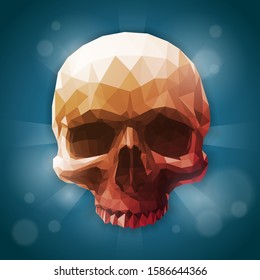 Polygonal gradient graphic realistic detailed human skull. On blue shiny background. Low poly vector icon.
