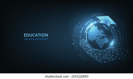  Polygonal graduation cap on earth globe (e-learning concept). Internet education course degree vector illustration. 