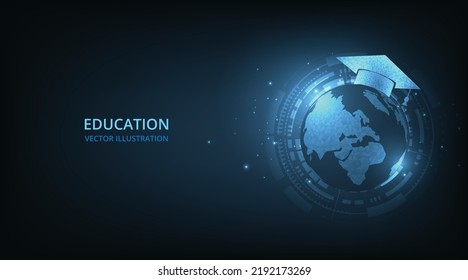 Polygonal graduation cap on globe (E-learning concept).Internet education course degree vector illustration. 