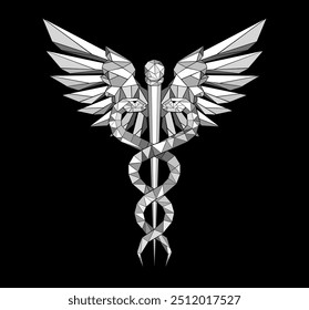 Polygonal, gray, monochrome, artistically drawn caduceus symbol with two snakes on black background. Medicine symbol.