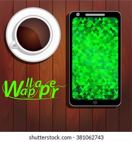 Polygonal green background on smartphone screen, wallpaper, black coffee cup on wooden table