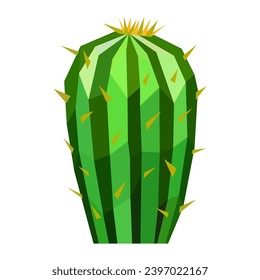 Polygonal green cactus on white background, minimalist low poly art style, vibrant and modern.