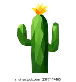 Polygonal green cactus on white background, minimalist low poly art style, vibrant and modern.