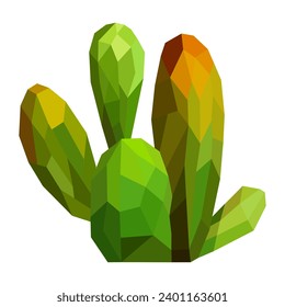 Polygonal green cactus on white background, minimalist low poly art style, vibrant and modern.