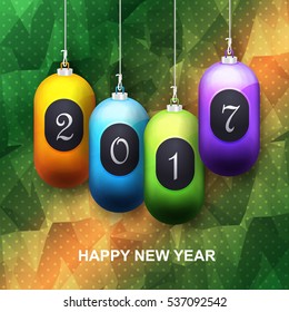 Polygonal Green Colors Postcard with 2017 Happy New Year Celebration Design. Merry Christmas Greeting Card Design, Vector Colorful Hanging Christmas Balls Elements Low Poly Background or Flyer, Poster