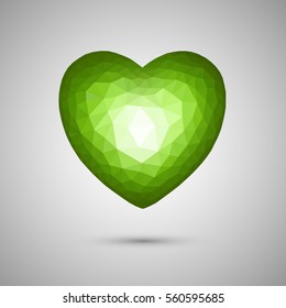 Polygonal green heart. Low-poly. Transparent background. Vector illustration.