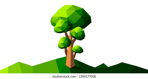 polygonal green trees and grass isolated white background. Vector illustration