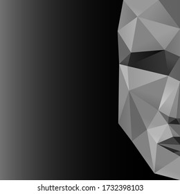 Polygonal grey face on a black background. Low poly design. Creative geometric pattern. More patterns in my abstract backgrounds collections.