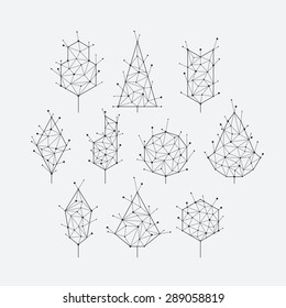 Polygonal grid graphical set of isolated vector trees, monochromatic.