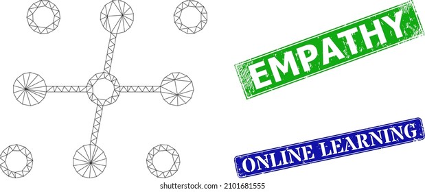 Polygonal grid structure image, and Empathy blue and green rectangular rubber seals. Polygonal wireframe image is created from grid structure icon. Stamps include Empathy tag inside rectangle form.