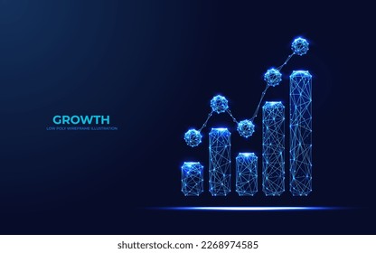 Polygonal growing bar graph in technology blue on a dark blue background. Abstract digital growth concept. Low poly wireframe bar chart. Vector illustration
