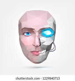 Polygonal half human face and robot skull, cyborg, android