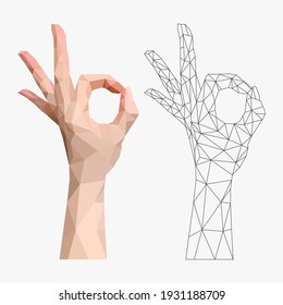 gesto de mano poligonal ok
y la silueta de la mano de poli sobre fondo blanco