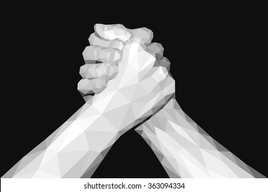 polygonal hand handshake friendly arm wrestling fist up on black