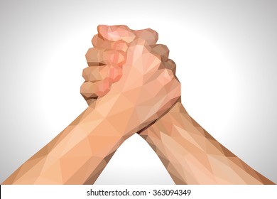 polygonal hand handshake friendly arm wrestling fist up on white