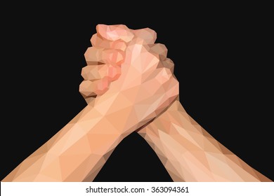 polygonal hand handshake friendly arm wrestling fist up on black