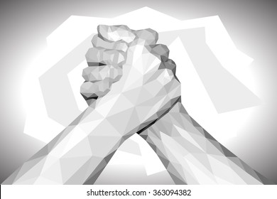 polygonal hand handshake friendly arm wrestling fist up on black