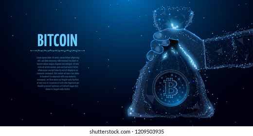 Polygonal hand holding a bitcoin bag on blue background. Vector illustration