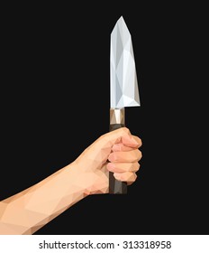 polygonal hand holding a large butcher knife on a black background