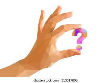 mano poligonal sostiene un signo de interrogación multicolor