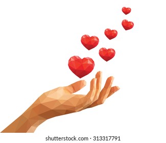 polygonal hand keeps six red floating hearts like love confession