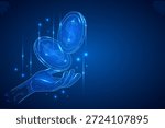 Polygonal hand reaching for digital dollar coins in a futuristic blue space. Symbolizes cryptocurrency, virtual finance, and secure digital transactions. Ideal for fintech and blockchain visuals.
