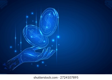 Mano poligonal alcanzando monedas digitales de dólar en un espacio azul futurista. Simboliza las criptomonedas, las finanzas virtuales y las transacciones digitales seguras. Ideal para imágenes de fintech y blockchain.