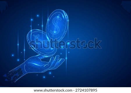 Polygonal hand reaching for digital dollar coins in a futuristic blue space. Symbolizes cryptocurrency, virtual finance, and secure digital transactions. Ideal for fintech and blockchain visuals.