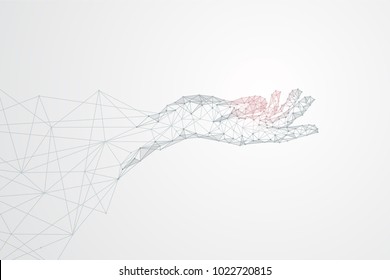 Polygonal Hand Technology. Abstract technology. Digital background with technology circuit board texture. Teamwork concept. Circular element. Dot Connected.