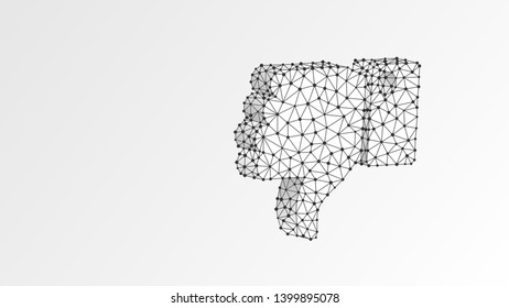 Polygonal hand with thumb down. Business communication, dislike, rejection concept. Abstract, digital, wireframe, low poly mesh, vector white origami 3d illustration. Triangle, line, dot, star