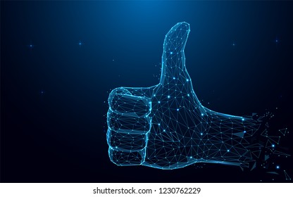 Polygonal Hand with thumb up and like sign from particles, lines and triangles on blue background. Polygonal wireframe silhouette of a hand finger up. Mesh art, poly low. 
