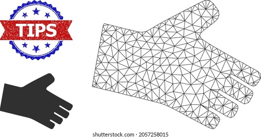 Polygonal hand wireframe illustration, and bicolor unclean Tips stamp. Polygonal wireframe illustration based on hand pictogram. Vector seal with Tips tag inside red ribbon and blue rosette,