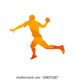 Polygonal handball player, abstract orange isolated vector silhouette