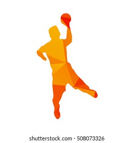 Polygonal handball player, abstract orange isolated vector silhouette