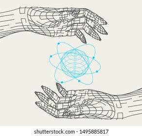 Polygonal hands and atom model. Wire frame style. 3d human parts.